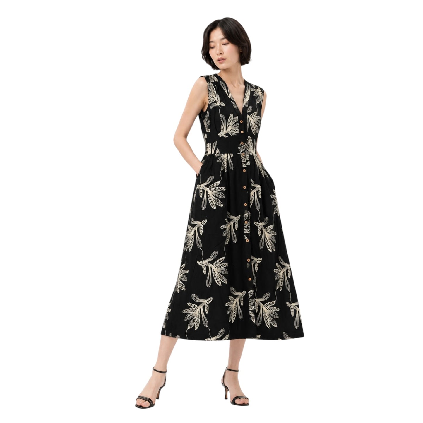 Botanical Embroidered V Neck Button Front Maxi Dress