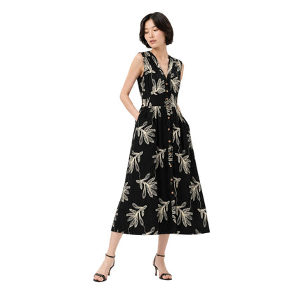 Botanical Embroidered V Neck Button Front Maxi Dress