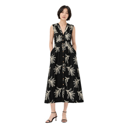 Botanical Embroidered V Neck Button Front Maxi Dress