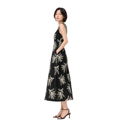 Botanical Embroidered V Neck Button Front Maxi Dress