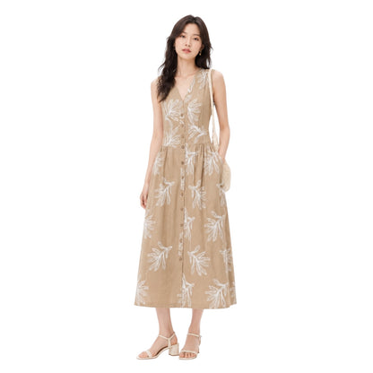 Botanical Embroidered V Neck Button Front Maxi Dress