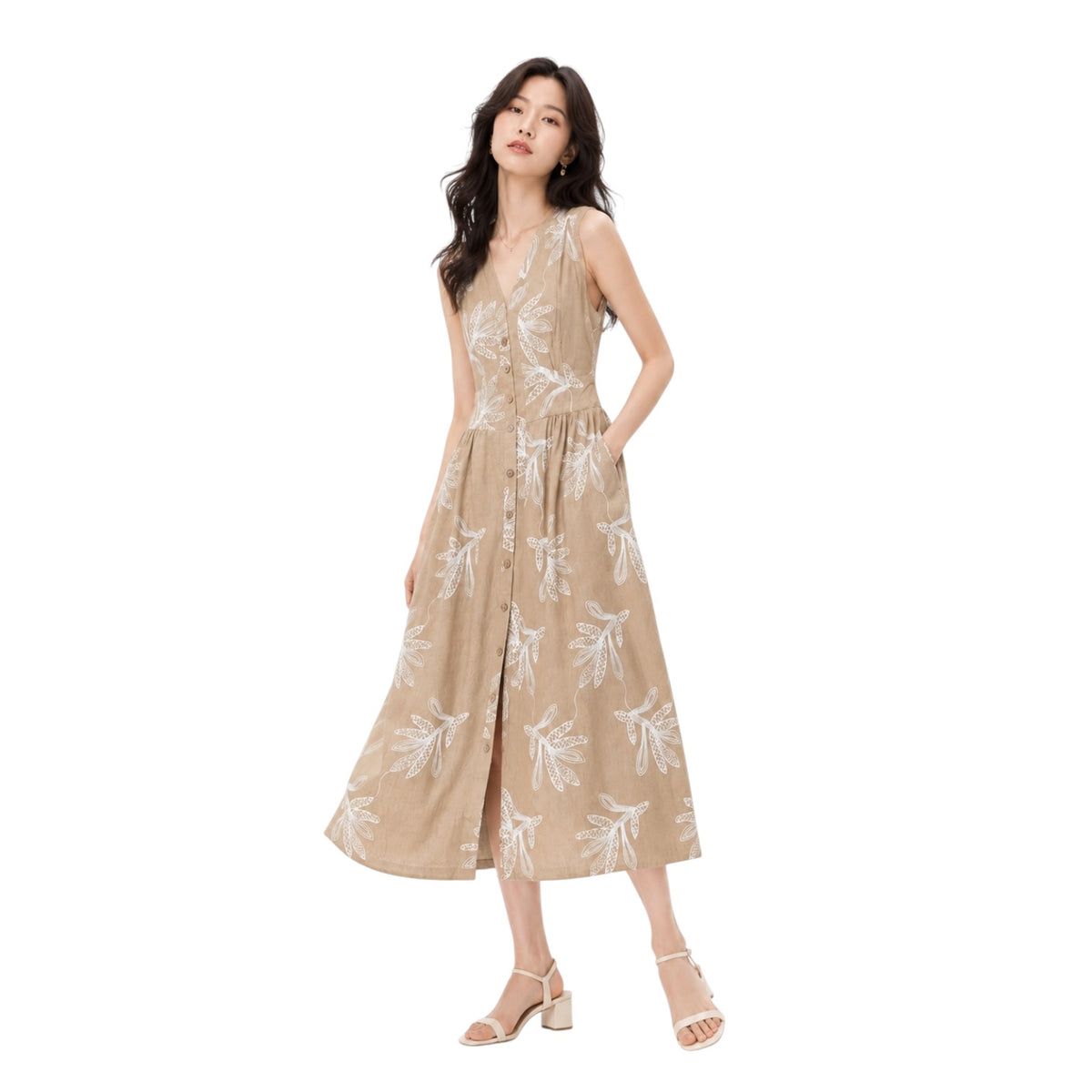 Botanical Embroidered V Neck Button Front Maxi Dress