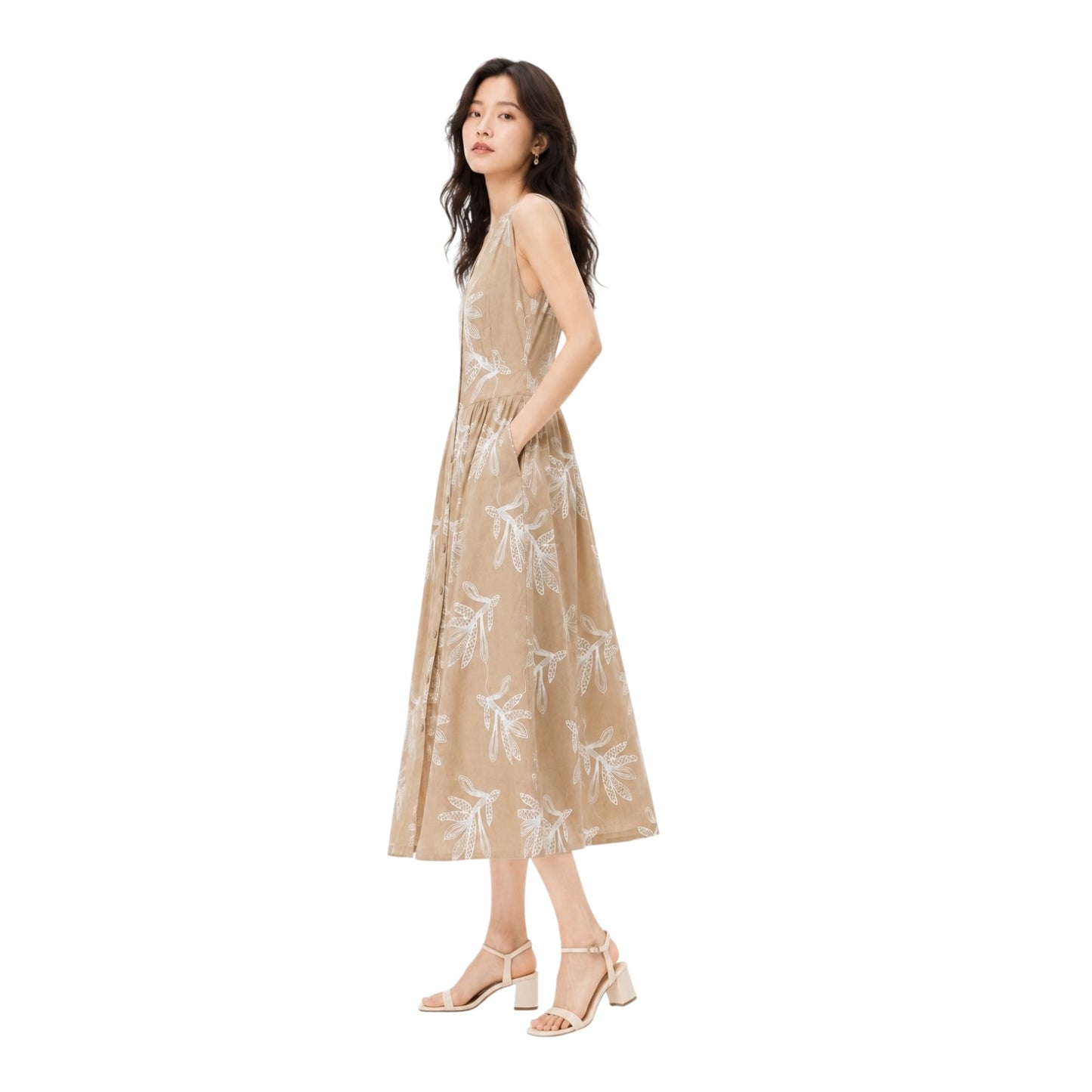Botanical Embroidered V Neck Button Front Maxi Dress