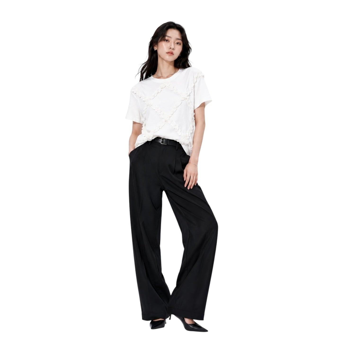 Diamond Ruffle Trim Round Neck Top