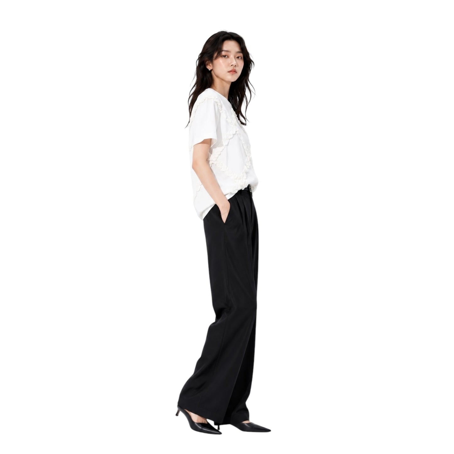 Diamond Ruffle Trim Round Neck Top