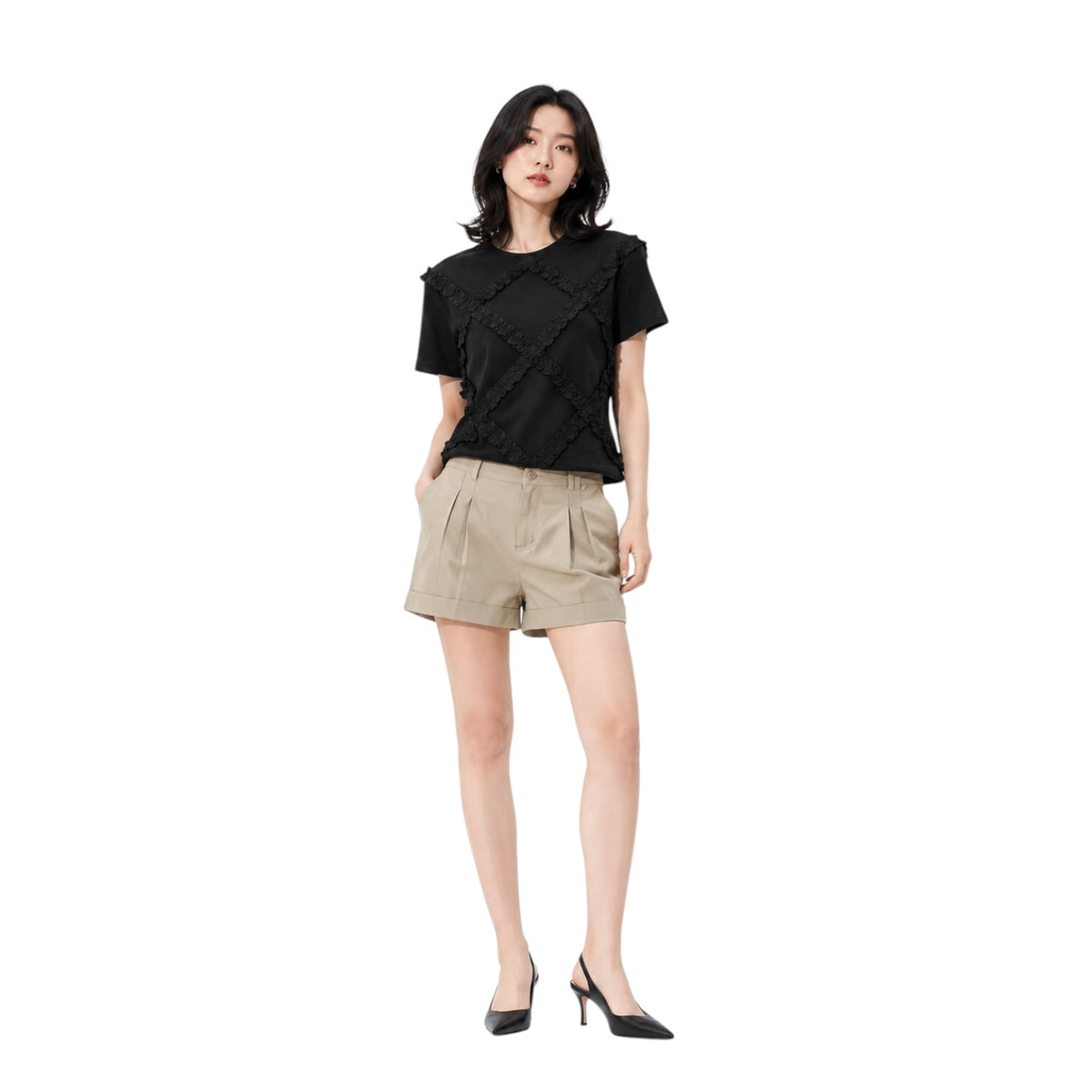 Diamond Ruffle Trim Round Neck Top