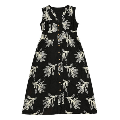 Botanical Embroidered V Neck Button Front Maxi Dress