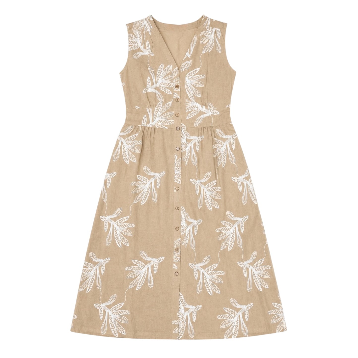 Botanical Embroidered V Neck Button Front Maxi Dress