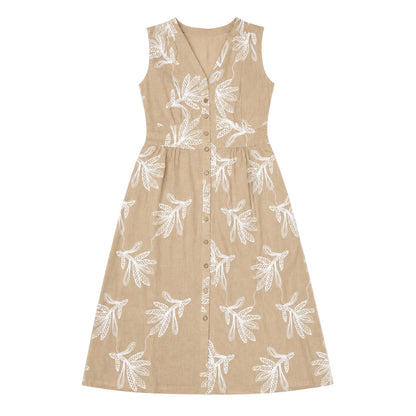 Botanical Embroidered V Neck Button Front Maxi Dress